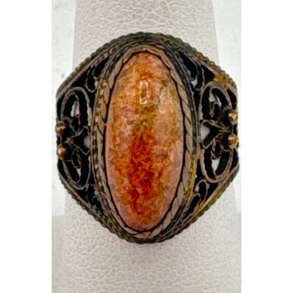 Antique Sterling Silver Sunstone Filigree Ring - Picture 1 of 3